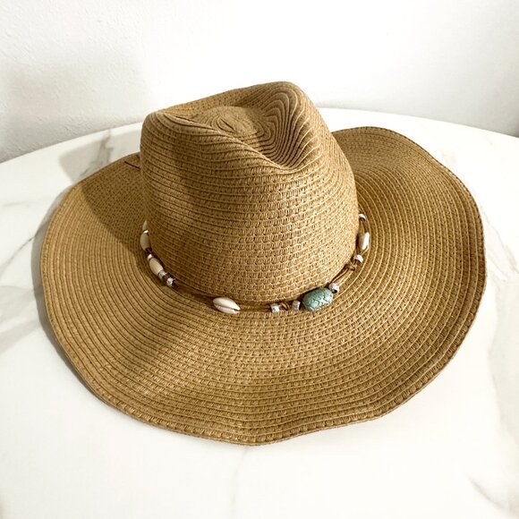 Straw Beach Hat with Seashell Beaded Band - Picture 2 of 5